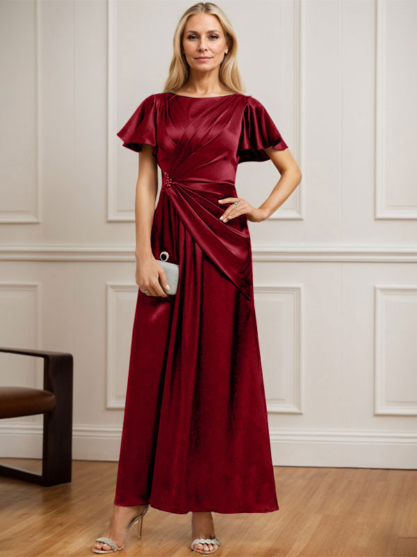 Robe de mère de la mariée en satin extensible, longueur cheville, en ligne A, décolleté arrondi, ornée de perles plissées