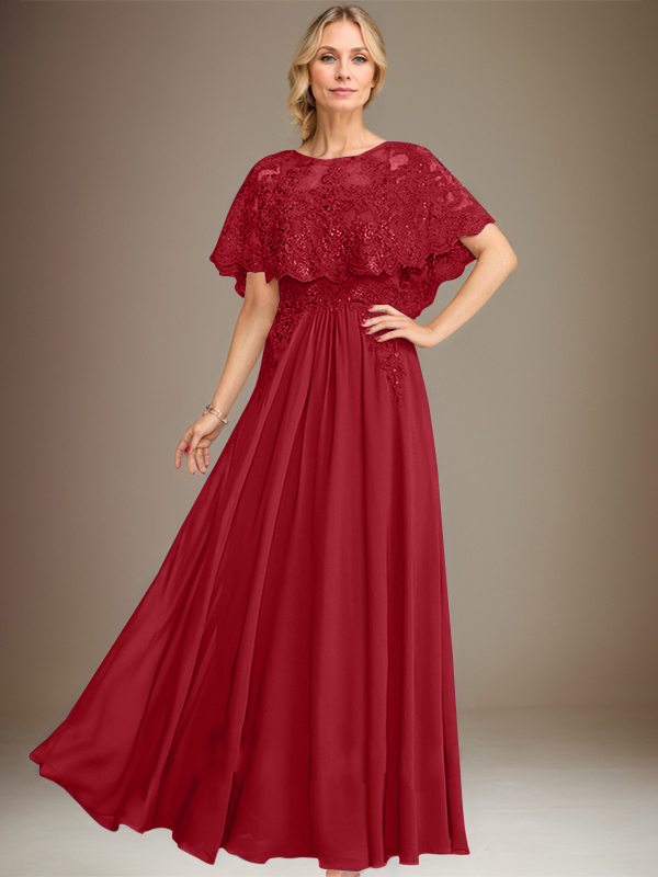 Robe de mère de la mariée en mousseline de soie à dentelle, longueur au sol, en ligne A, col bateau, ornée d'appliques à paillettes