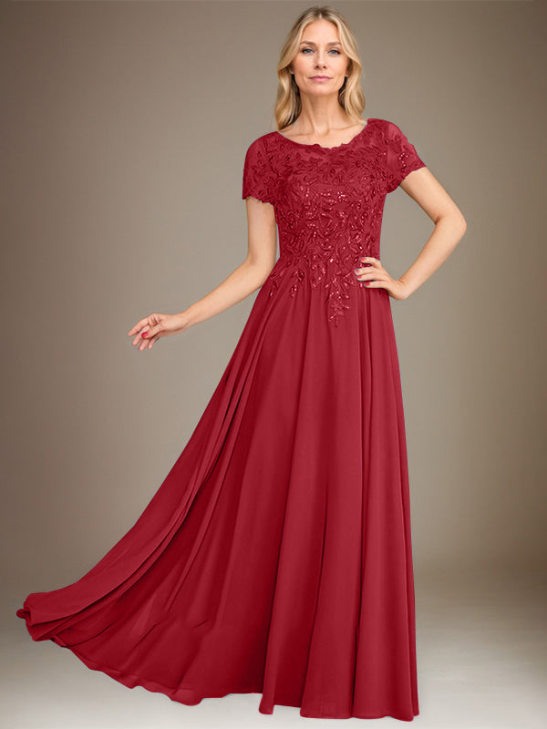 Robe de mère de la mariée en mousseline, longueur au sol, coupe en A, décolleté arrondi, ornée d'appliques et de paillettes