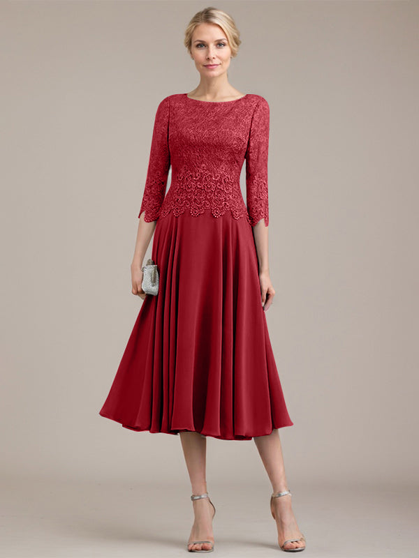 A-Linie U-Ausschnitt Wadenlang Chiffon-Kleid für die Brautmutter 