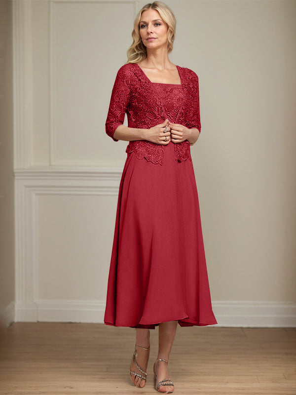 A-Linie Quadratisches Wadenlanges Chiffon-Spitzenkleid für die Brautmutter mit Pailletten und Perlen 
