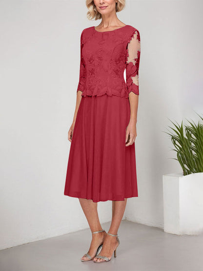 A-Linie U-Ausschnitt Wadenlang Spitzen Chiffon Mutter der Braut Kleid mit Stickerei 