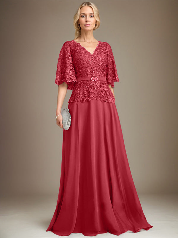 A-Linie V-Ausschnitt Bodenlang Chiffon Spitze Mutter der Braut Kleid Mit Kristall Brosche Strass 