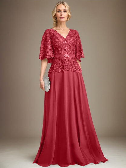 A-Linie V-Ausschnitt Bodenlang Chiffon Spitze Mutter der Braut Kleid Mit Kristall Brosche Strass 