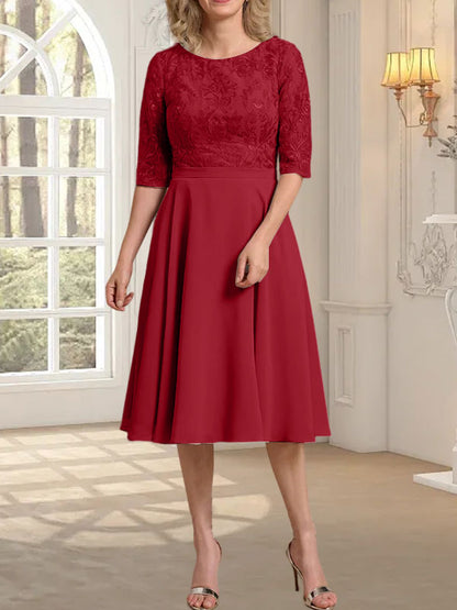 A-Linie U-Ausschnitt Knielang Chiffon Spitzenkleid für die Brautmutter