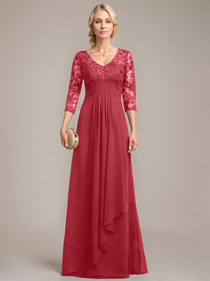 Vestido de madre de la novia de gasa con encaje, escote en V, largo hasta el suelo, con volantes en cascada y lentejuelas 