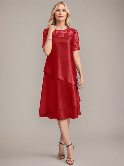 A-Linie, U-Ausschnitt, knielanges Kleid für die Brautmutter mit Applikationen und Pailletten 
