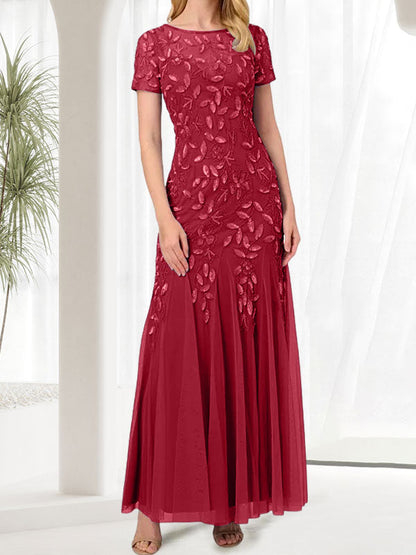 Vestido largo de sirena azul con cuello redondo para madre de la novia con cuentas