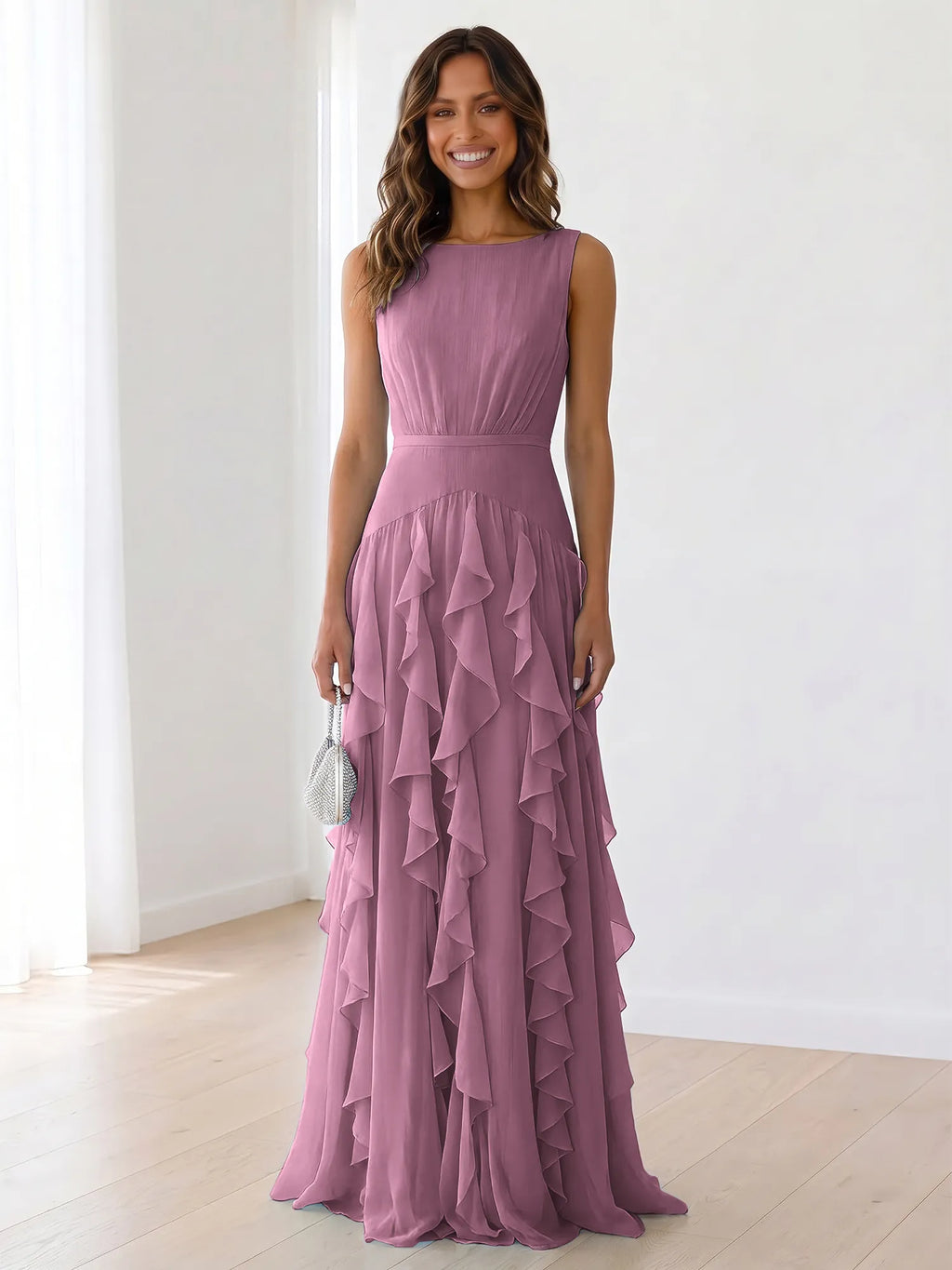 Sky Blue Tiered Chiffon Evening Maxi Dress With Ruched Bodice
