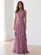 Sky Blue Tiered Chiffon Evening Maxi Dress With Ruched Bodice