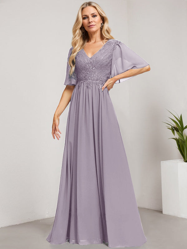 A-Linie V-Ausschnitt Bodenlanges Spitzen-Chiffon-Kleid für die Brautmutter mit Pailletten 