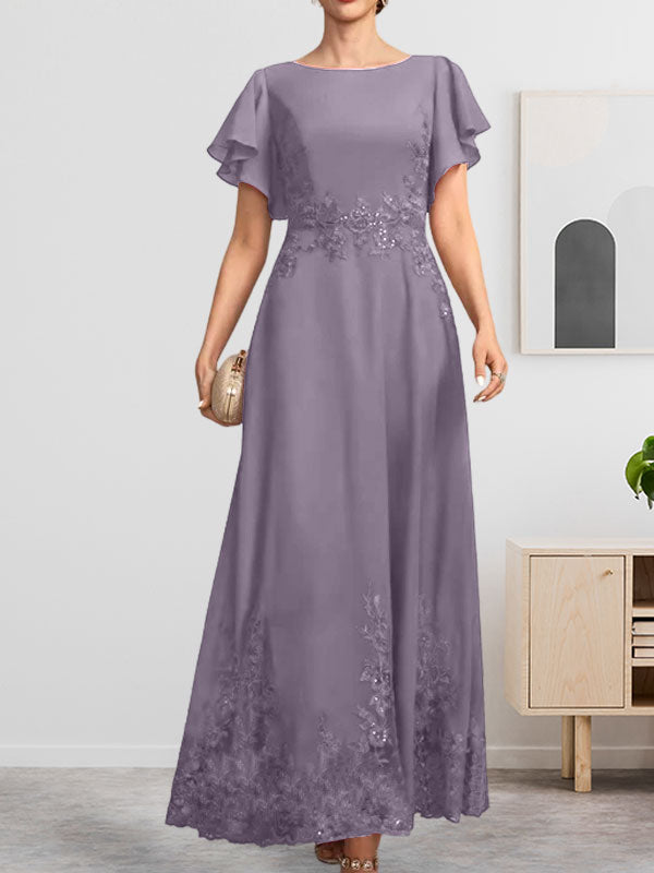 Robe de mère de la mariée en mousseline de soie à dentelle, longueur cheville, en forme trapèze avec décolleté arrondi et paillettes
