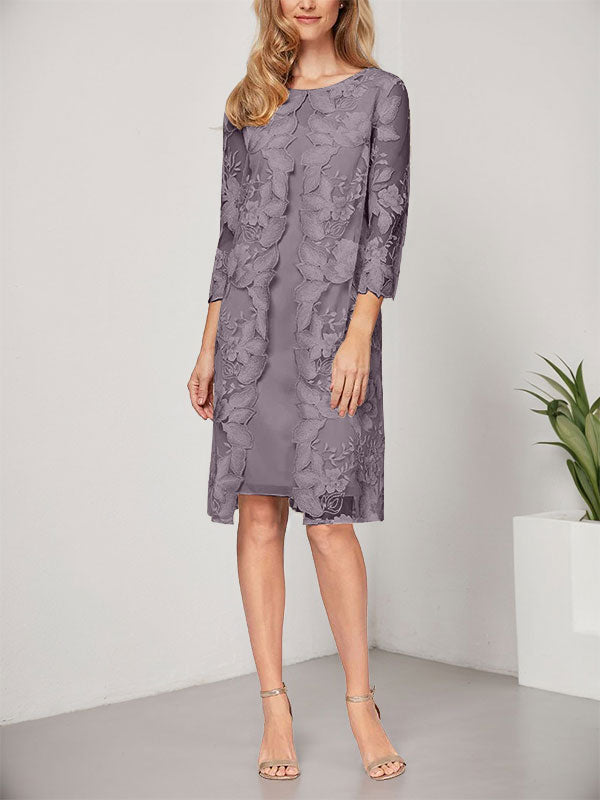 A-Linie U-Ausschnitt Knielang Chiffon Spitze Kleid für die Brautmutter mit Jacke 