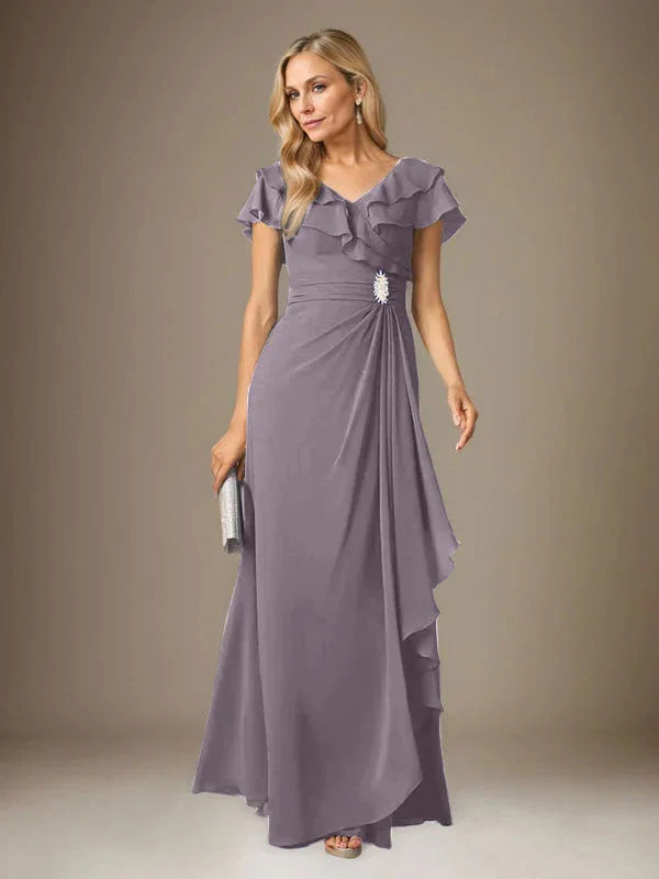 Vestido tormentoso de gasa con escote en V y fruncido en línea A