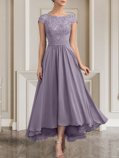A-Linie U-Ausschnitt Bodenlang Spitzen-Chiffon-Kleid für die Brautmutter mit Pailletten