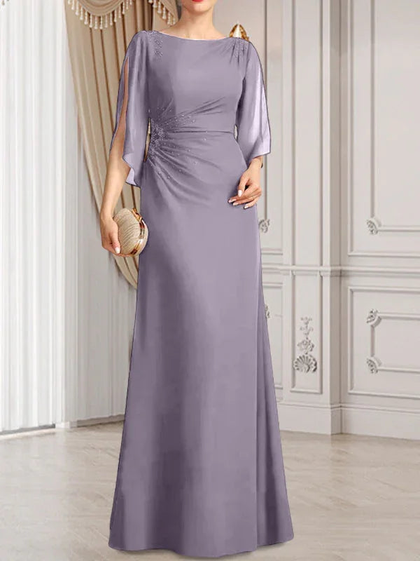 Vestido de madrina de novia de gasa largo hasta el suelo con corte columna y fajín plisado con cuentas