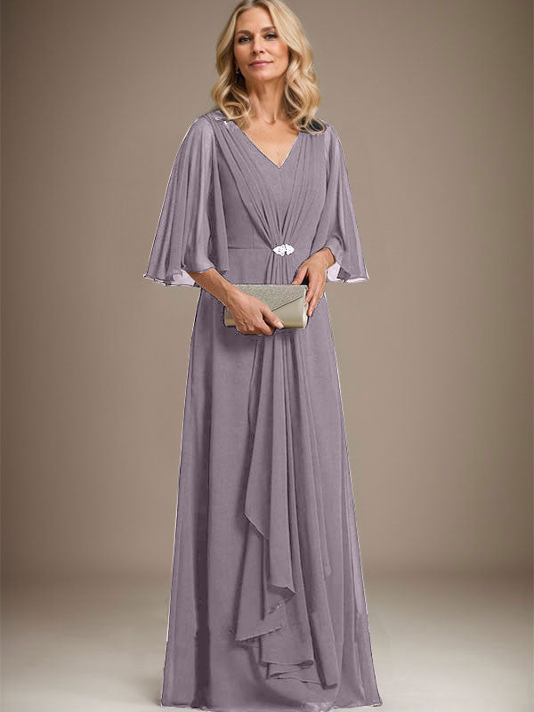 A-line V-Neck Floor-Length Chiffon Mother of the Bride Dress With Cascading Ruffles Crystal Brooch
