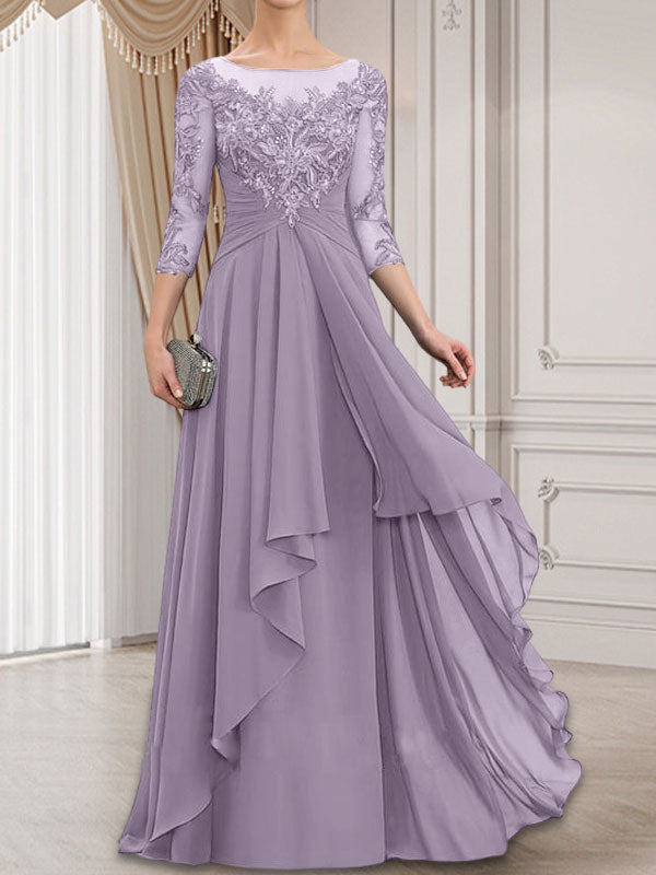 A-Linie, U-Ausschnitt, Illusion, bodenlanges Chiffon-Kleid für die Brautmutter mit kaskadierenden Rüschen