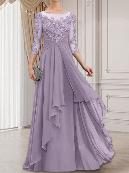 A-Linie, U-Ausschnitt, Illusion, bodenlanges Chiffon-Kleid für die Brautmutter mit kaskadierenden Rüschen