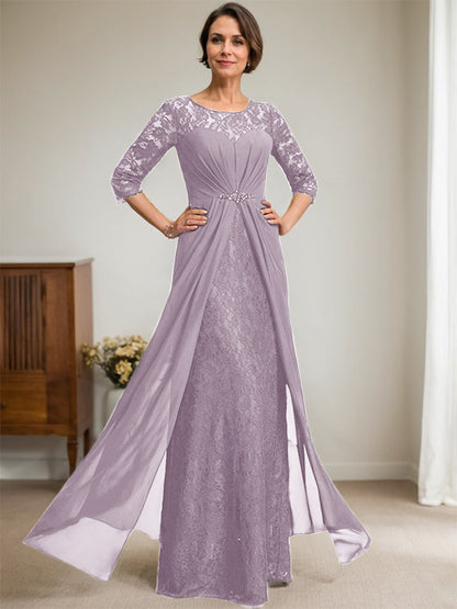 A-Linie U-Ausschnitt Illusion Bodenlang Spitzen Chiffon Mutter der Braut Kleid mit Perlenbesatz Rüschen 