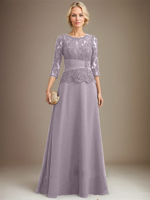 A-line Scoop Illusion Floor-Length Chiffon Lace Mother of the Bride Dress With Pleated Sequins Beading