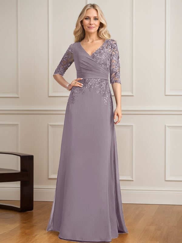 A-Linie, V-Ausschnitt, bodenlanges Spitzen-Chiffon-Kleid für die Brautmutter mit plissierten Pailletten 
