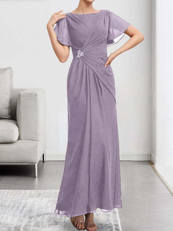 Robe de mère de la mariée en mousseline, longueur cheville, en ligne A, encolure dégagée, ornée de perles et plissée