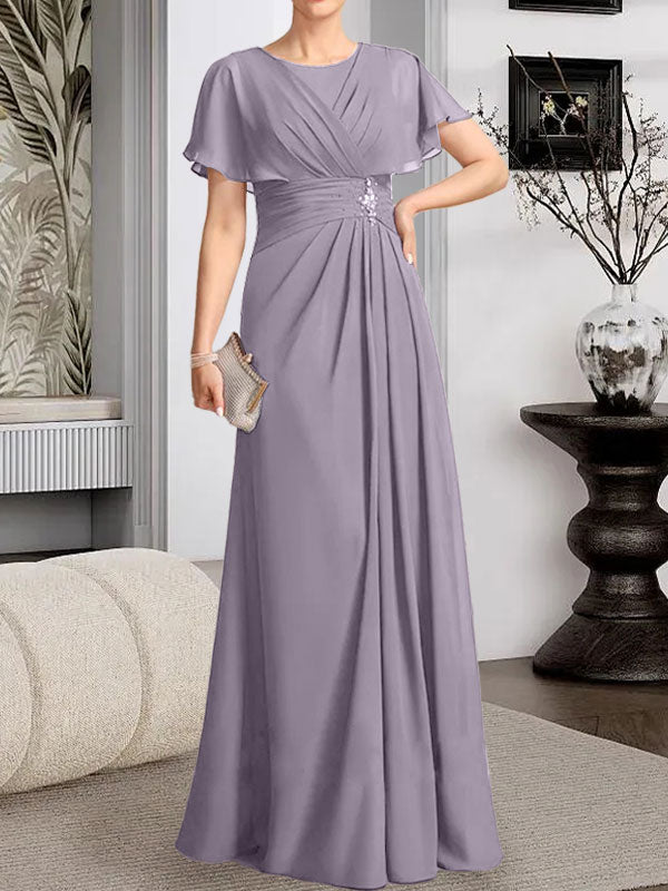 Robe de mère de la mariée en mousseline, longueur au sol, en ligne A, décolleté arrondi, ornée de perles plissées