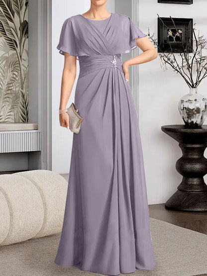 A-Linie, U-Ausschnitt, bodenlanges Chiffon-Kleid für die Brautmutter mit plissierter Perlenstickerei