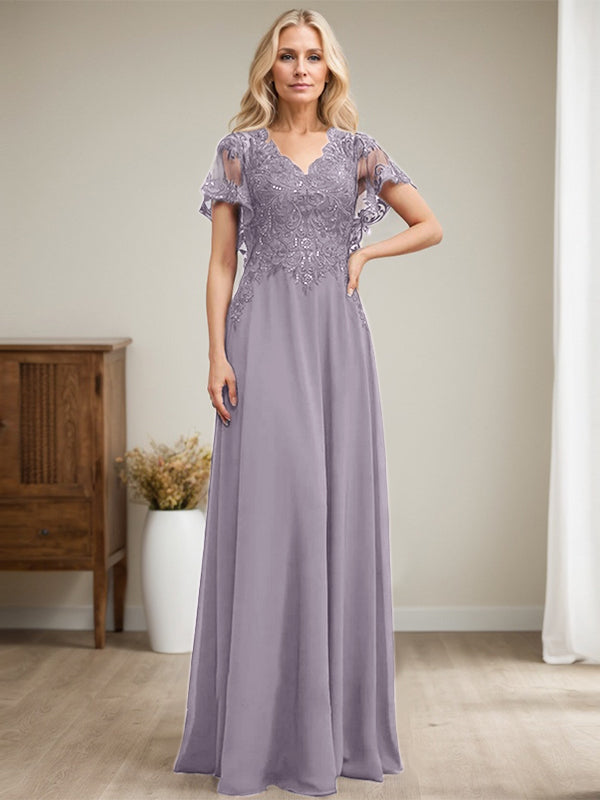 A-Linie V-Ausschnitt Bodenlanges Spitzen-Chiffon-Kleid für die Brautmutter mit Pailletten 