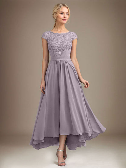 A-Linie U-Ausschnitt Illusion Asymmetrische Spitze Chiffon Mutter der Braut Kleid Mit Plissee 