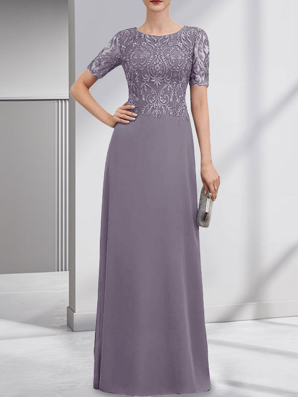 Robe de mère de la mariée en dentelle et mousseline, longueur au sol, en ligne A, décolleté en U, ornée de paillettes