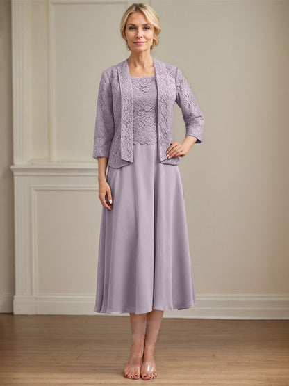 A-Linie U-Ausschnitt Wadenlang Chiffon-Kleid für die Brautmutter 