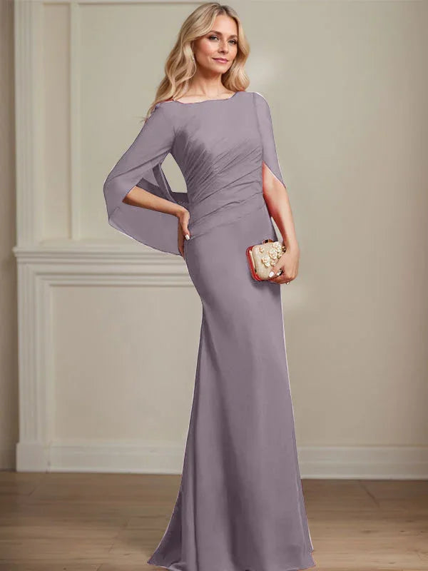 Vestido de madrina de novia de gasa con cuello barco estilo trompeta/cola de sirena y largo hasta el suelo con pliegues