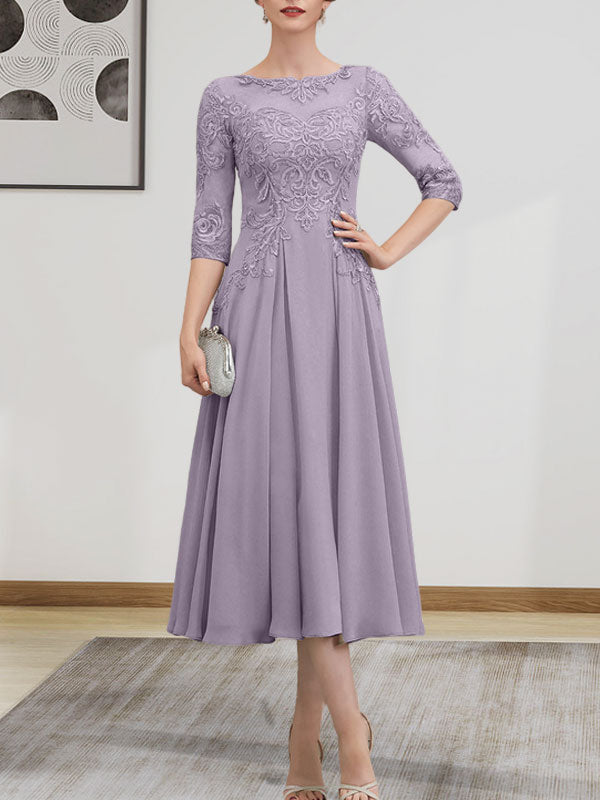A-Linie, U-Ausschnitt, Illusion, knielang, Chiffon, Spitze, Kleid für die Brautmutter mit Perlen und Pailletten