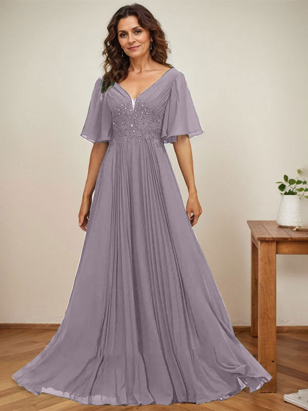 A-Linie V-Ausschnitt Bodenlang Chiffon Mutter der Braut Kleid Mit Pailletten Applikationen Spitze Plissee 