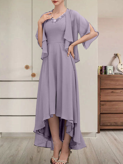 Vestido de gasa asimétrico para madre de la novia con escote en V, corte A y lentejuelas con abalorios