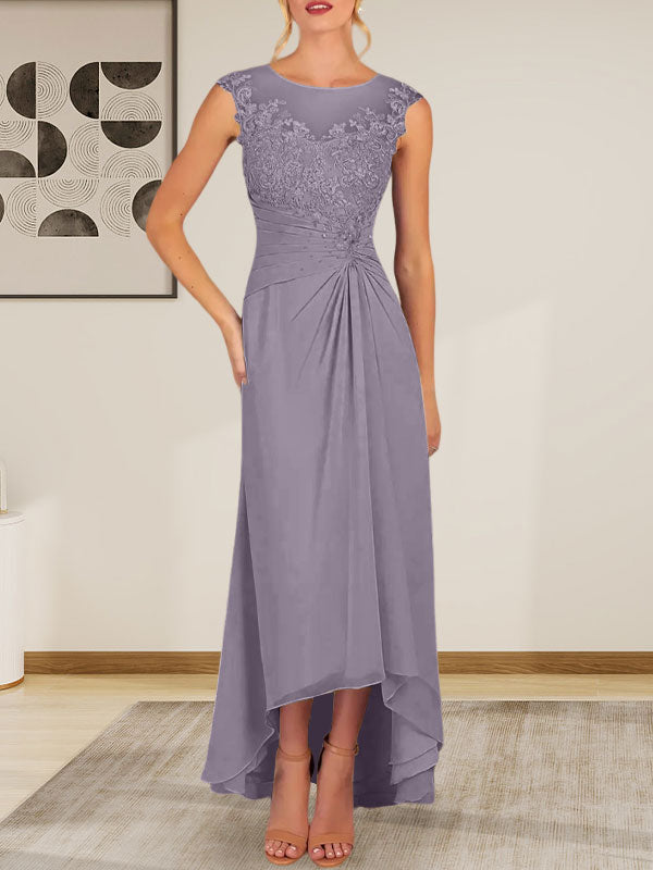 Champagne A-Line Scoop Lace Chiffon Dress