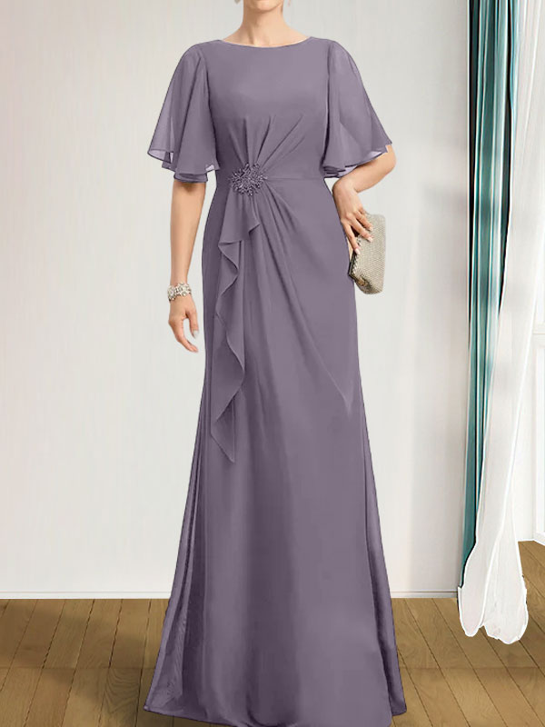 Robe de mère de la mariée en mousseline longueur au sol, en ligne A, décolleté arrondi, avec volants en cascade, perles et paillettes