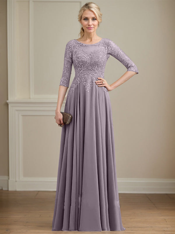 A-Linie, U-Ausschnitt, Illusion, bodenlanges Spitzen-Chiffon-Kleid für die Brautmutter mit Pailletten 