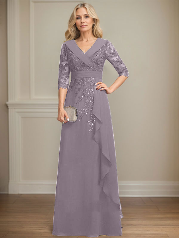 Robe de mère de la mariée en mousseline de soie à col en V, longueur au sol, ligne A, avec dentelle, paillettes et volants en cascade