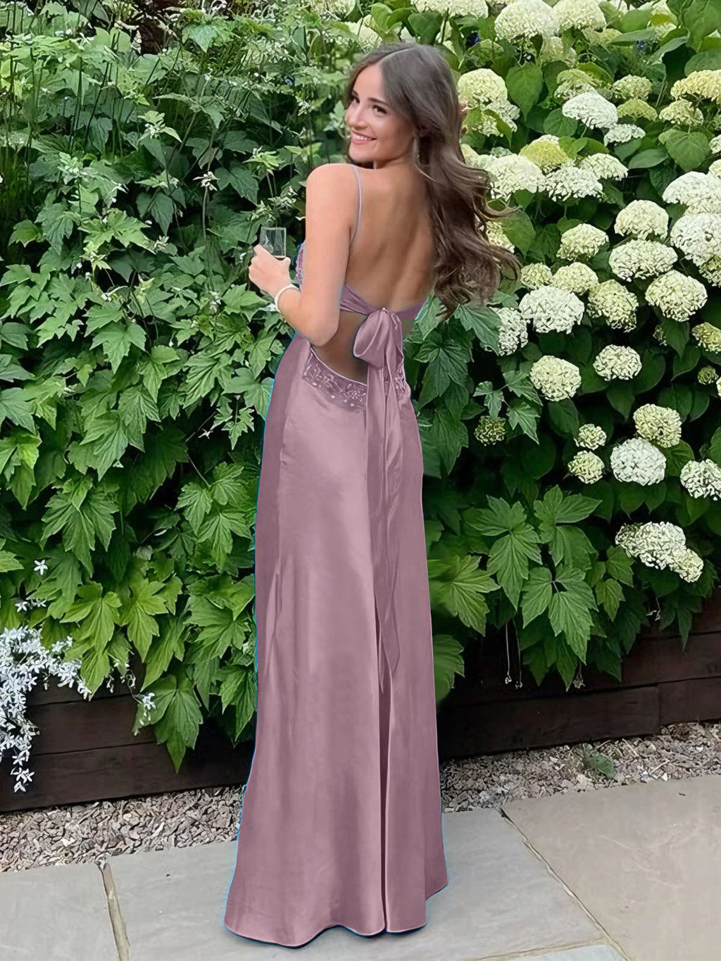 Blue A Line V Neck Beaded Back Tie Long Prom Dress
