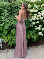 Blue A Line V Neck Beaded Back Tie Long Prom Dress