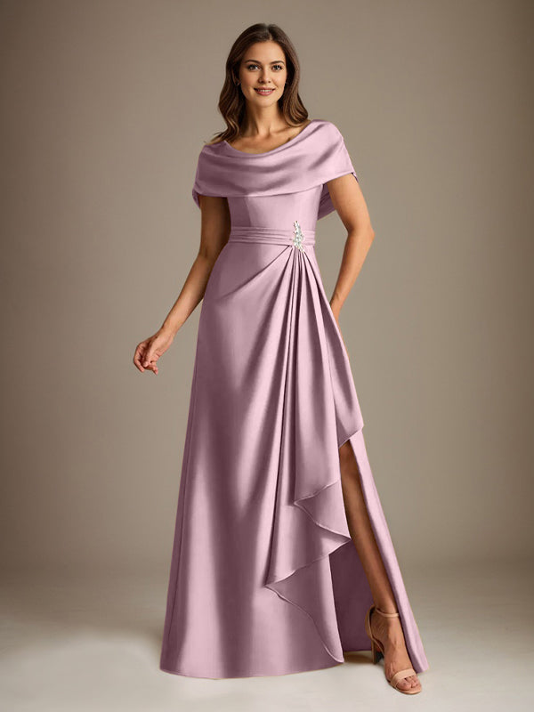 Robe de mère de la mariée en satin extensible, longueur au sol, coupe en A avec encolure dégagée et volants en cascade