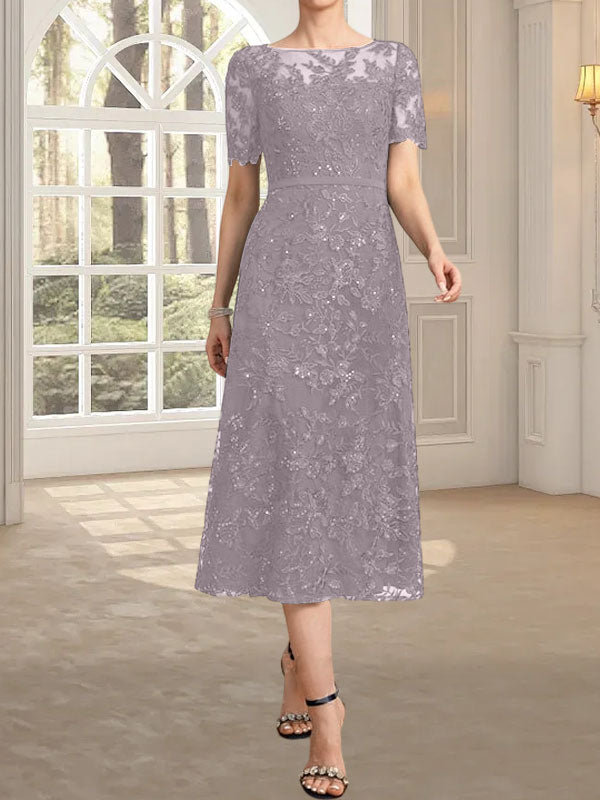 A-Linie, U-Ausschnitt, Illusion, knielang, Spitze, Kleid für die Brautmutter mit Pailletten