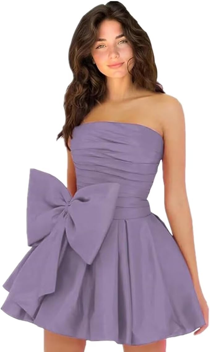 Vestidos de fiesta cortos y elegantes de corte A, sin mangas, sin tirantes, fruncidos, con cordones y lazo