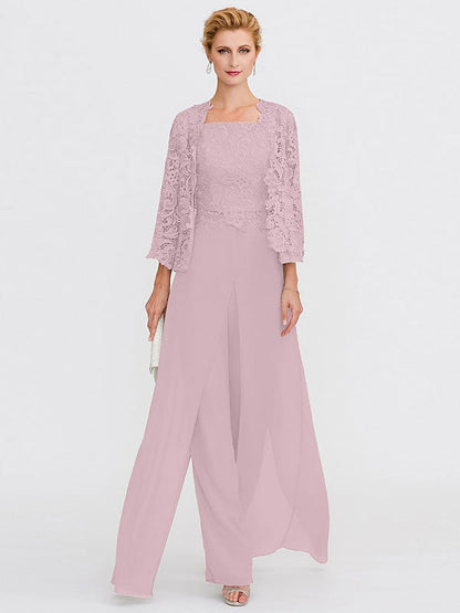 3 Piece Chiffon Square Neck Mother of the Bride Pantsuits with Jacket