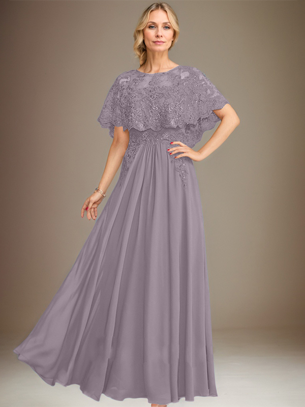 Robe de mère de la mariée en mousseline de soie à dentelle, longueur au sol, en ligne A, col bateau, ornée d'appliques à paillettes