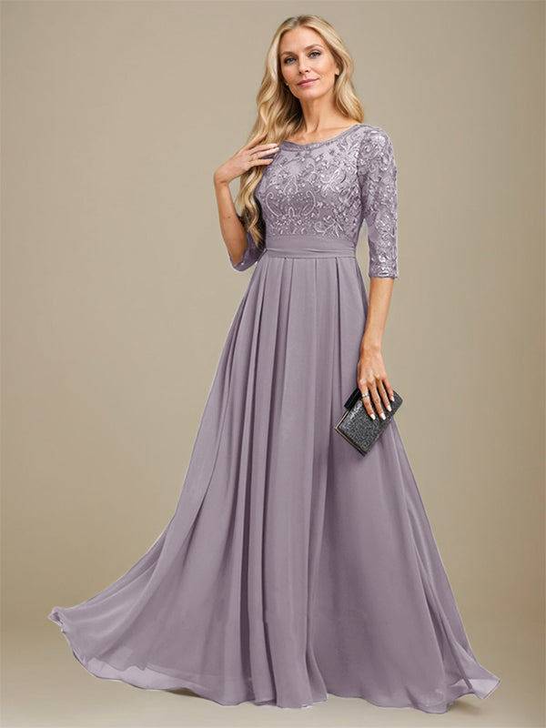 A-Linie U-Ausschnitt Bodenlang Spitzen-Chiffon-Kleid für die Brautmutter mit Paillettenapplikation 