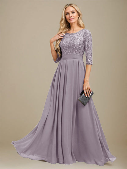 A-Linie U-Ausschnitt Bodenlang Spitzen-Chiffon-Kleid für die Brautmutter mit Paillettenapplikation 
